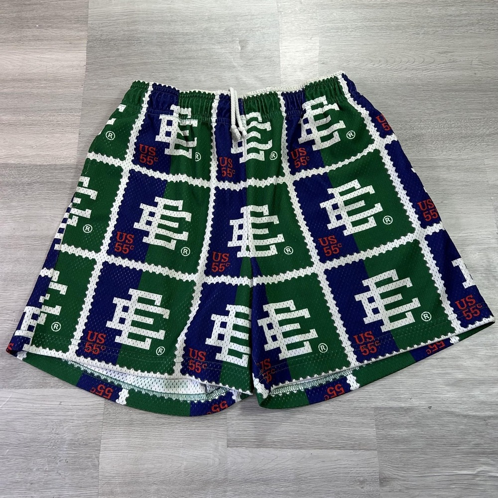 Eric Emanuel Shorts Mens Large Green Blue 7"‎ Inseam Stamp Print Mesh Basketball